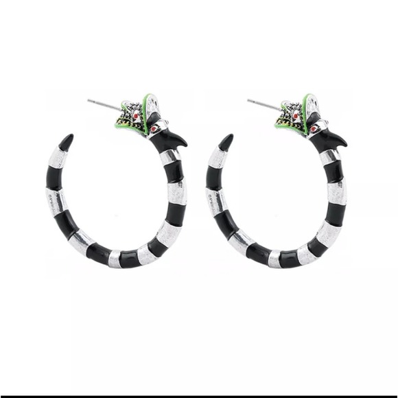 Beetlejuice sand worm hoop earrings, black silver and green, New - Picture 1 of 3